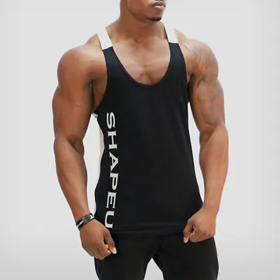 Men's T Shirt Y-Back Muscle Workout Tank Tops Summer Training Gym Sports Vest UK • £9.88