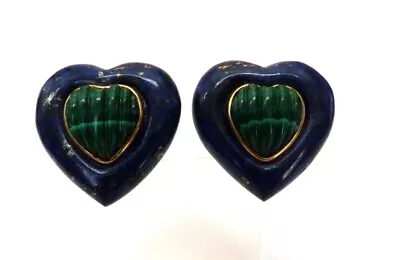 Fine 14k Yellow Gold Carved Ribbed Malachite Lapis Heart Classic Clip Earrings • $195