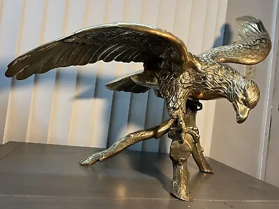 Large Cast Brass Eagle On A Branch Sculpture Vintage Bird Statue 34  Wingspan • $1999.99
