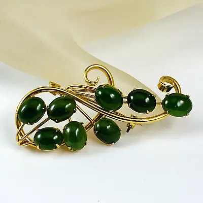 Vintage Faux Jade Green Glass Cabochon Gold Tone Brooch Estate Pin • $19.99