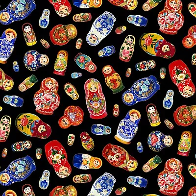 BTY Matryoshka Russian Dolls W/ Metallic Black Quilt Cotton Fabric By The Yard • $12.50