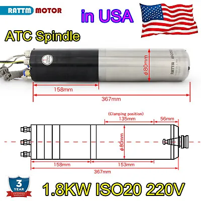 1.8KW ATC Water Cooled Spindle Motor ISO20 80mm 24000rpm 400hz 220V CNC Milling • $1555
