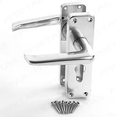 Polished Aluminium Lever Door Handle Pair Set & Screws +EURO LOCK PROFILE PLATE+ • £8.45