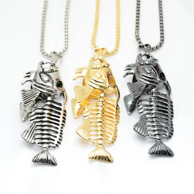 Men Silver Gothic Skull Fish Bone Necklace Stainless Steel Chain Pendant Gift • £4.49