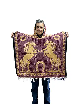 Mexican Poncho With Hood  Horse Poncho   Blanket  One Size  Burgundy • $45