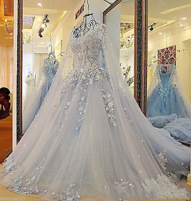Princess Wedding Dresses Blue Gothic Applique Medieval Train 3D Flower Gowns • $163.10
