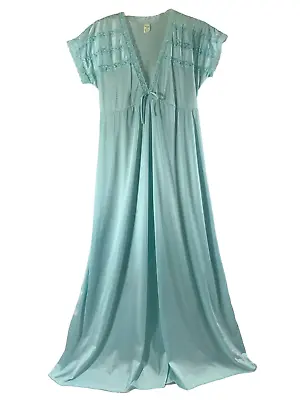 Vintage Fit Rite Lingerie Gown Womens Small Blue Nylon Lace Long Negligee Maxi • £23.26