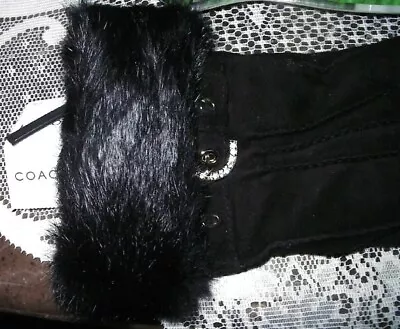 Nwt Coach Black Suede Cashmere Lined Rabbit Fur Cuff Pave Buckle Gloves 7.5 • $88