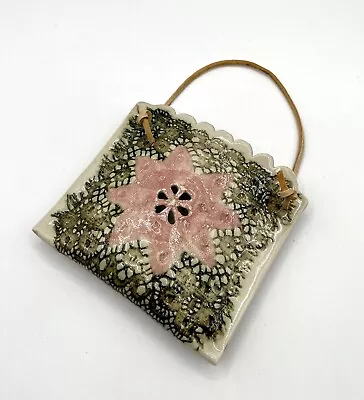 Art Pottery Embossed Floral/Lace Wall Pocket Vase Envelope Pink And Green Signed • $22