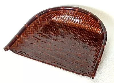 Japanese Wood Woven Bamboo Basket Tray Brown Lacquer Tea Ceremony Vintage • $28.90