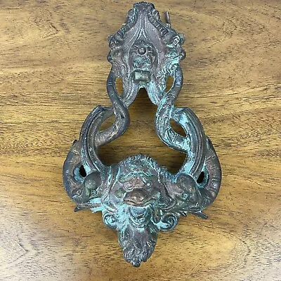 $499.99 • Buy VTG Solid Brass Ornate Poseidon Face W Two Koi Dolphins 9  Door Knocker Gargoyle