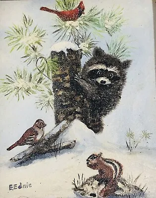 $45 • Buy Vintage Original Oil Painting Canvas Board Winter Scene Raccoon Cardinal Signed