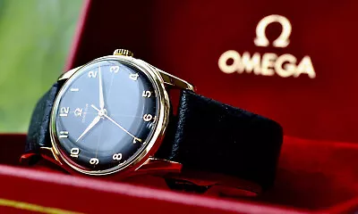 MENs 9ct SOLID GOLD OMEGA 285 SUPERB BLACK + HAIR DIAL 1959 VINTAGE + OMEGA BOX • £760