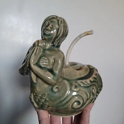 Vintage Pottery Mermaid Oil Lamp With Wick Green Glazed Stoneware • $37.88