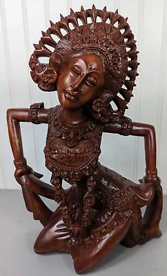 Wood Carved Balinese Hindu Indonesian Goddess Fan Dancer Figurine  14 1/4  Vin • $143.99