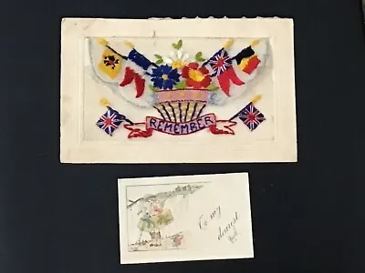 Early Ww1 Embroidered Silk Pc -remember - Allied Flags & Flowers + Insert Card • £4.50