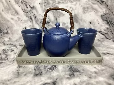 Japanese Style Blue Ceramic Infuser Tea Pot With 2 Cups On A Tray • £24.99