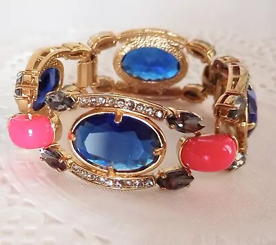 Gorgeous Designer Signed J.Crew Bracelet Big Blue Glass Rhinestones ! Pink Cabs  • $44.99