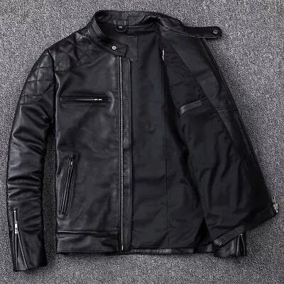 Men's Real Cowhide Leather Jacket Biker Zipper Motorcycle Stand Collar Punk New  • $146.24