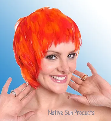 Wig FLAMING ORANGE Rooster Hackle Feathers Halloween Costume Punk Retro New  • $17.95