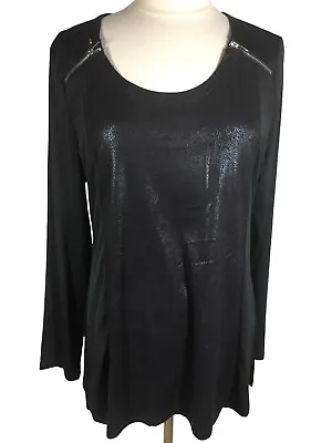 P Luca Milano Woman's XL Black Stretch Tunic Top Silver Zip Shoulder Long Sleeve • $23.75