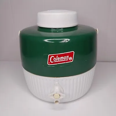 $22.15 • Buy VTG Coleman Water Jug Cooler Drink Dispenser Green White Clean Cup Camping RV