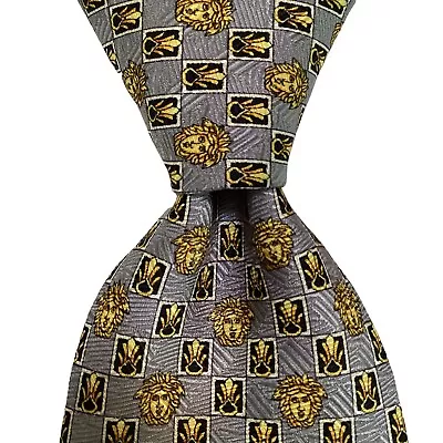 GIANNI VERSACE Men's Silk Necktie ITALY Luxury MEDUSA BAROQUE Gray/Yellow EUC • $55.99