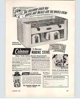 1951 PAPER AD Coleman 2 Burner Marine Stove Alcohol KKerosene Lantern • $14.98