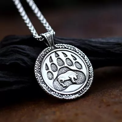 Mens Silver Viking Bear Paw Amulet Pendant Necklace Protection Jewelry Chain 24  • $8.99
