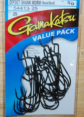 Gamakatsu Offset Shank Worm Hook Round Bend Size 3/0 Value Pack 54413-25 Black • $14.95