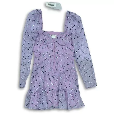 Asos Womens Purple Floral Long Puff Sleeve Sweetheart Neck Mini Dress Size 4 • $22.74