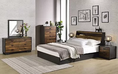 5 Piece Modern Black & Walnut Brown Queen Size Platform Storage Bedroom Set IABD • $1433.71