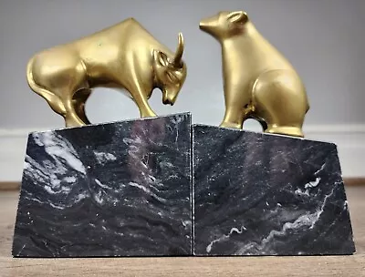 Wall Street Bear Bull Brass Bookends Stock Market Exchange Blk/Wht Marble Base! • $58.45