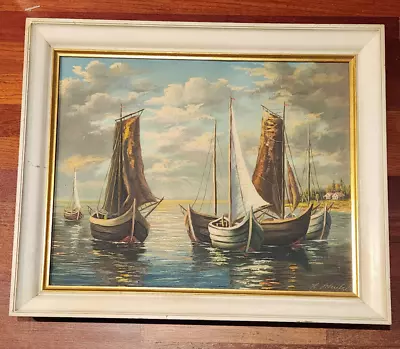 Vintage.oil Paintind Canvas On Board Seascape With Sail Boat Signed H. Schultz • $59.99