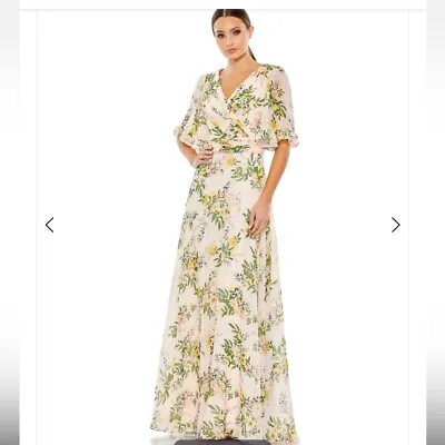 Leena For Mac Duggal Floral Print Flutter Sleeve Wrap Over Gown  NWOT • $80
