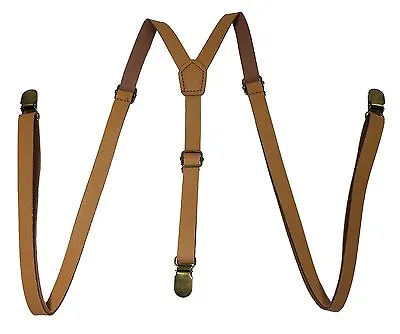 Lt Brown Faux Leather Vintage Skinny Adjustable Y-shape Gold Clips-on  Suspender • $10.25