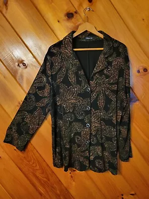 Vikki Vi Knit Tunic  XL 1X Black Stretch Button Up Cardigan Floral 3/4 Sleeve • $20