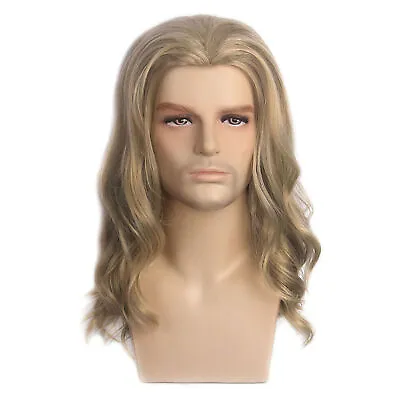 Men Long Curly Wave Wigs Male Cosplay Hair Ombre Ash Blonde Costume Toupee W/Cap • £15.64