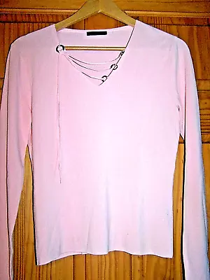 Pink MILEY CYRUS V-neck Rayon Nylon PULLOVER Circle Tie Accent SWEATER/Size M • $30.60