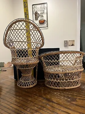 Vintage Wicker Peacock Fan Back Rattan Chair 16.5” & Loveseat For Doll Or Plant • $28