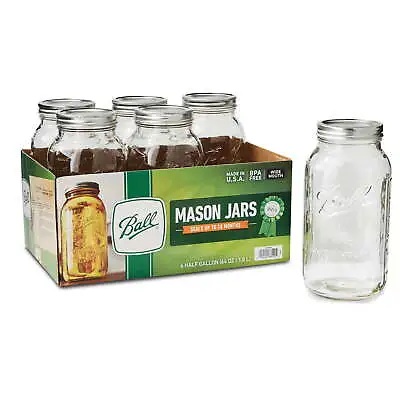 Wide Mouth 64oz Half Gallon Mason Jars With Lids & Bands 6 Count • $15.44