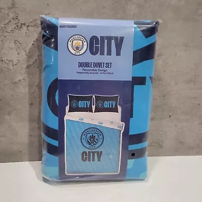 Manchester City FC Double Duvet Cover SetReversible Design Cotton Blend Blue • £53.32