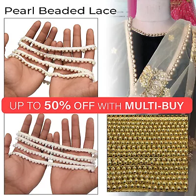 Pearl Beaded Lace Trim Ribbon 1M 2M Long For Sewing Bridal Dress DIY Purse Decor • £4.59