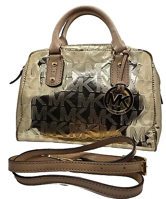 MICHAEL KORS Mia Satchel Crossbody Gold Mirror Metallic  Monogram MK Logo Purse • $74.99