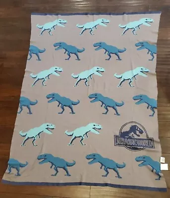 Jurassic World Dinosaur T-Rex Throw Blanket 100% Cotton Blue Gray 🦖 • $59.99