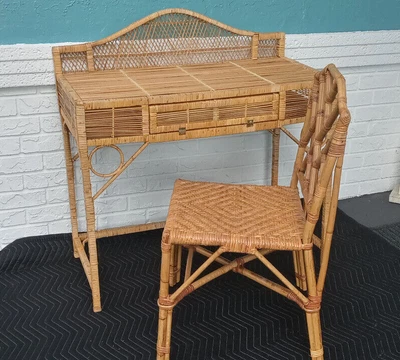 $750 • Buy Vintage Mid Century Bohemian Wicker Rattan Desk With Chinese Chippendale Chair