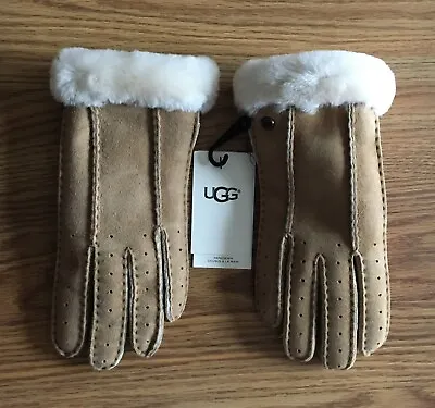 UGG Women's Classic Perforated Shearling Suede Cuff Gloves - Chestnut (Size S) • $69.99