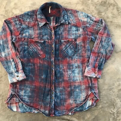 $25.90 • Buy Free People Double Dip Dye Plaid Button Down Oversized Shirt MEDIUM