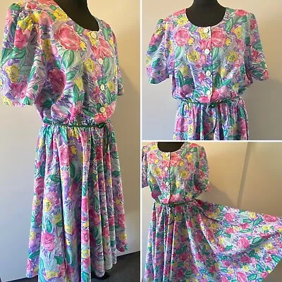 VINTAGE 80s Does 50s Dress Sz M Floral Belt Circle Skirt Retro Wedding Roses • £23.99