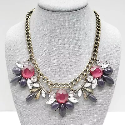 J. Crew Necklace Statement Pink Purple Beaded Pendants Antiqued Gold Tone 18  • $15.99